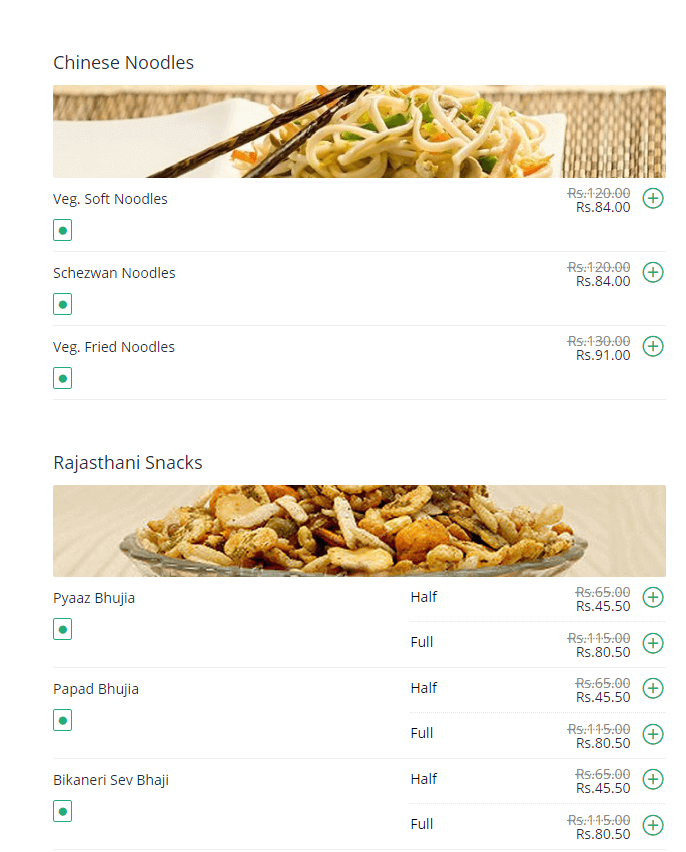 ordering menu on the site